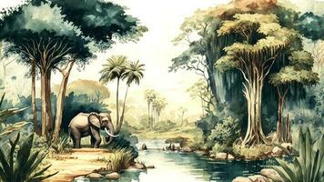 aguarela estilo papel de parede panorama em a africano tropical selva com árvores Próximo para uma rio elefantes e pássaros. ai-generativo, digital ilustração. foto