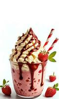 delicioso chocolate e morango batido ou milkshake dentro uma vidro com morangos em branco fundo. Comida e bebidas conceito. ai-generativo, digital ilustração. foto