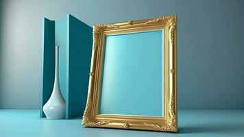 escandinavo dourado foto quadro, Armação e decorativas contra pastel azul paredes.