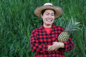 ásia mulher jardineiro desgasta chapéu, vermelho xadrez camisa, detém abacaxi fruta às jardim. sorriso. conceito , agricultura colheita dentro tailândia. agricultor satisfeito. orgânico plantações. sazonal frutas. foto