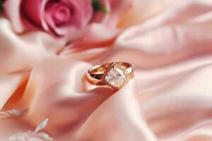 ouro anel com diamante em Rosa seda com rosas foto