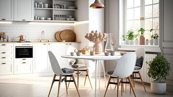 luxuoso, moderno contemporâneo branco parede, cozinha sala, jantar mesa, interior plantas, minimalista Projeto. generativo ai digital ilustração. foto