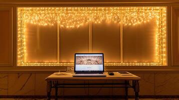 uma computador portátil em mesa às dourado iluminação decorado quarto para diwali ou festival celebração prefeito Projeto generativo ai tecnologia. foto