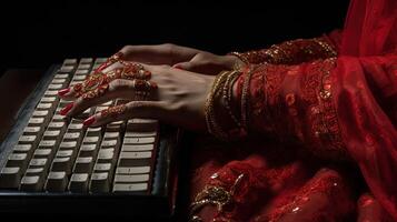 indiano fêmea mãos digitando em teclado surfar Internet e enviando mensagem para amigos através da social rede. tecnologia e comunicação conceito. generativo ai. foto