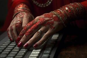 indiano fêmea mãos digitando em teclado surfar Internet e enviando mensagem para amigos através da social rede. tecnologia e comunicação conceito. generativo ai. foto