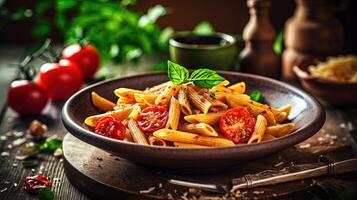 fechar-se foto do italiano Macarrão Penne massa coberturas com tomates, manjericão e beber garrafa em Sombrio de madeira mesa. generativo ai.