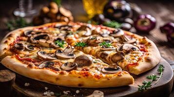 recentemente cozido cogumelo pizza coberturas em de madeira corte borda para italiano Comida pronto para comer conceito. Comida fotografia, generativo ai. foto