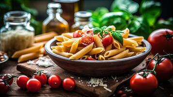 fechar-se foto do italiano Macarrão Penne massa coberturas com queijo, tomates e manjericão em Sombrio de madeira mesa. generativo ai.