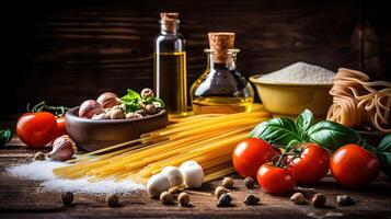cozinhando italiano estilo massa ou espaguete prato ingredientes em Sombrio de madeira mesa, fechar acima tiro generativo ai tecnologia. foto