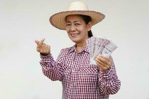 feliz Senior imulher agricultor desgasta chapéu, xadrez camisa, detém tailandês notas dinheiro. conceito, agricultor feliz para pegue lucro, renda a partir de fazendo agricultura. pegue apoiando dinheiro. foto