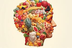 uma saudável Comida grupo do fruta e vegetal formando uma melhorada face criativo. generativo ai. foto