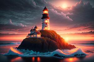 lindo farol adornado período noturno marinha com uma sombrio céu às pôr do sol de ai gerado foto