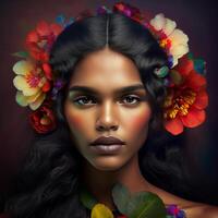 retrato do sensual Preto mulher com flores dentro cabelo, ai gerado foto