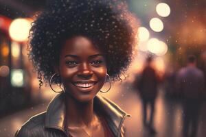 feliz sorridente jovem africano americano mulher, generativo ai foto
