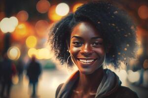 feliz sorridente jovem africano americano mulher, generativo ai foto