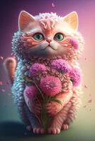 ilustração do uma fofa Rosa gatinho segurando uma ramalhete do flores , generativo ai foto
