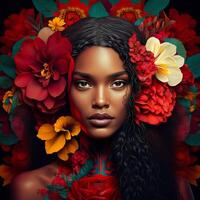 retrato do sensual Preto mulher com flores dentro cabelo, ai gerado foto