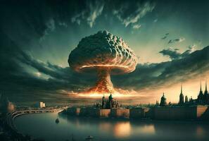 ilustração do enorme nuclear bombear explosão sobre cidade. generativo uma foto