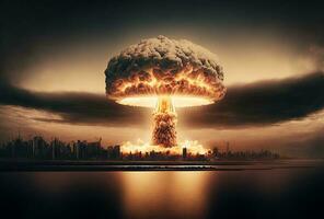 ilustração do enorme nuclear bombear explosão sobre cidade. generativo uma foto