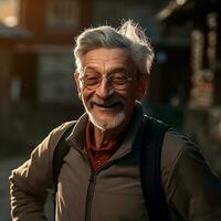 ilustração do velho homem com sorrir dentro dele face fez com generativo ai foto