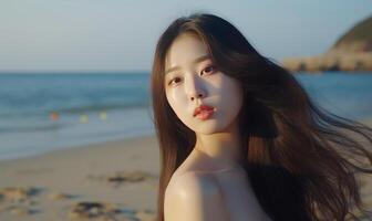 bonita jovem menina em a de praia retrato generativo ai foto