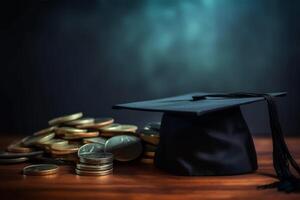 uma verde graduação boné senta em uma mesa com pilhas do ouro moedas em isto. generativo ai foto