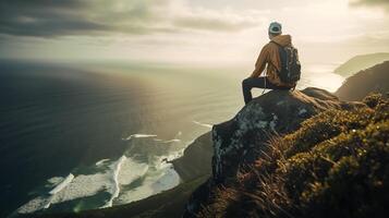 uma homem parece Fora sobre uma montanha e a oceano. aventura viagem, verão férias.generativo ai foto