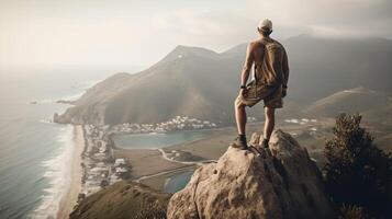 uma homem parece Fora sobre uma montanha e a oceano. aventura viagem, verão férias.generativo ai foto