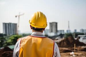 trabalho dia. uma construção trabalhador olhando às uma plano em uma construção local. generativo ai foto