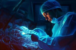 cirurgião executa cirurgia remotamente usando moderno holograma e virtual realidade tecnologia. generativo ai ilustração. foto