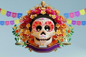 3d Renderização para dia do a morto, dia de muertos altar conceito. composição do fofa açúcar crânios, branco velas, calêndula flores, panela de morto, cacto, guitarra do a morto. 3d ilustração foto