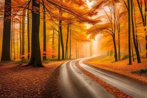 outono floresta caminho. laranja cor árvore, vermelho Castanho bordo folhas dentro outono cidade parque. ai gerado. foto