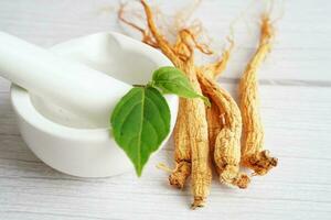 raízes de ginseng e folha verde, comida saudável. foto