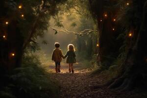 ai gerado dois crianças sentindo-me a mágico atmosfera Como elas entrar floresta fundo foto