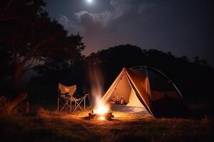 ai gerado acampamento a partir de Fora do uns diariamente vida em a quintal noite Visão foto