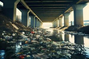 ai gerado orgânico Lixo dentro a rio debaixo ponte fundo foto