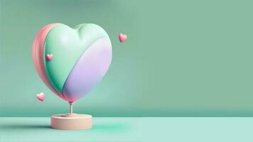 3d renderizar, pastel cor lustroso coração forma ficar de pé com pódio, balões. foto