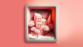 3d render do decorativo inverno diorama quadrado quadro, Armação com residencial estrutura, árvores, neve caindo. foto