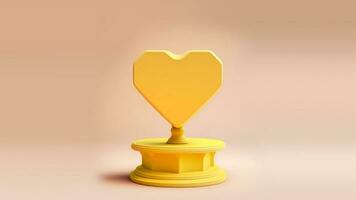 3d renderizar, amarelo 3d coração forma ficar de pé ou pedestal. foto