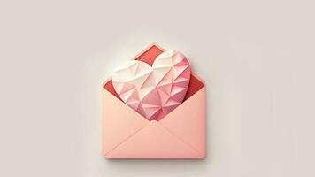3d renderizar, pastel vermelho papel faça você mesmo geométrico coração dentro envelope. foto