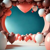 3d renderizar, lustroso coração forma balões decorado circular entrada. foto