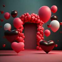 3d renderizar, vermelho balão e coração forma balão contra porta. foto