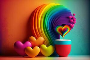 amor ou namorados conceito com coração formas com flor Panela em arco Iris ilustração. foto