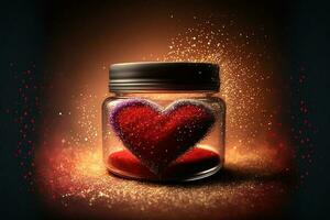 3d render do vermelho brilhante coração forma dentro vidro jarra em dourado brilhos fundo. foto