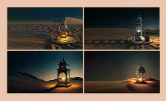coleção do requintado crescente lua com iluminado árabe lâmpadas em areia duna. 3d renderizar. foto