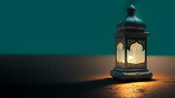 realista iluminado árabe lanterna em azul fundo. islâmico religioso conceito. 3d renderizar. foto