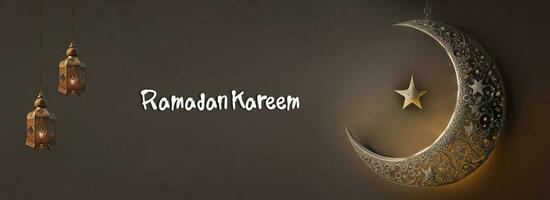 Ramadã kareem bandeira Projeto com 3d render do suspensão requintado crescente lua, Estrela e iluminado árabe lâmpadas. foto