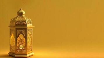 iluminado dourado árabe lanterna em mostarda fundo. islâmico religioso conceito. 3d renderizar. foto