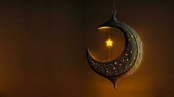 3d render do suspensão requintado esculpido lua com Estrela em Sombrio fundo. islâmico religioso conceito. foto