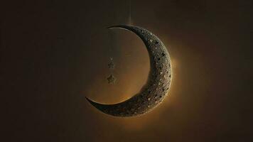 3d render do suspensão requintado brilhante esculpido lua com estrelas em Preto fundo. islâmico religioso conceito. foto
